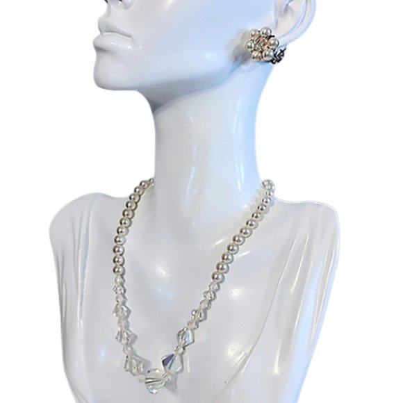 Vintage Jewelry - 1980s Vintage Never Worn Pearl And Aurora Borealis Crystal Necklace And Earrings